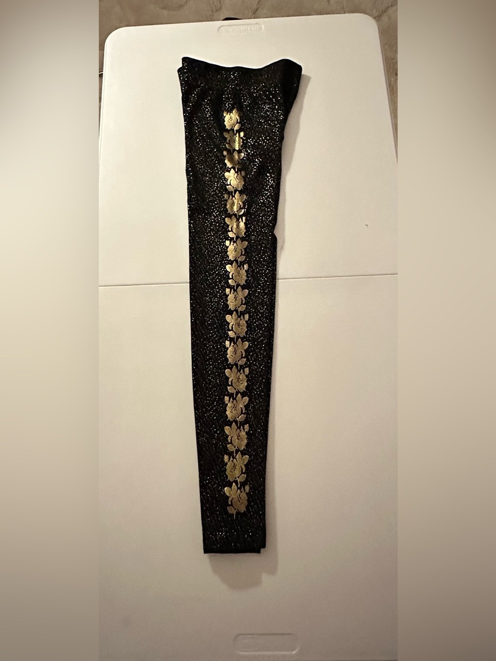 Leggings, gold foil print, medium size, full length.